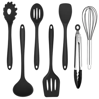 Produktbild von Küchenhelfer-Set, 7-teilig, schwarze Silikon-Küchenutensilien, Kochgeschirr-Set, antihaftbeschichtet, hitzebeständig, mit Pfannenwender zum Kochen und Backen, hygienisch/spülmaschinenfest