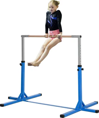 Produktbild von Reckstange höhenverstellbar Turnreck 13-stufig bis 75 kg belastbar aus Stahl & Buchenholz in Blau für Gymnastik & Training