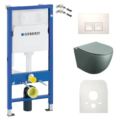 Produktbild von DOMINO Geberit Duofix Basic Vorwandelement + Wand-WC Tiefspül Sinto Becken Grau Spülrandlos + Bedienplatte Delta 25 für Doppelspülung | Komplettes Set
