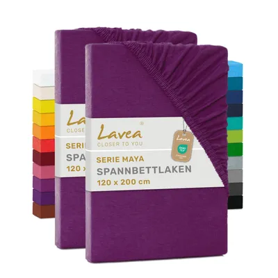 Produktbild von Lavea® 2er Pack Spannbettlaken 120x200cm, Bettlaken 100% Baumwolle Jersey, mit Rundumgummizug, für Matratzen bis 20 cm Höhe, weich, formstabil, langlebig, Fliederlila