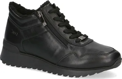 A black leather bootie with a zipper and laces.