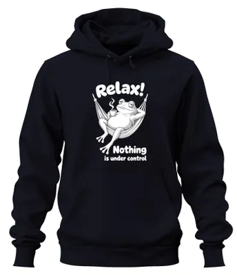 Obrázok produktu pre Relax. Nič nie je pod kontrolou. Šušťáková bunda s kapucňou s motívom žaby, tmavomodrá, veľkosť S