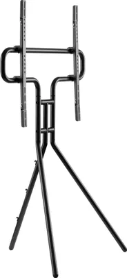 A black tripod TV stand against a white background.