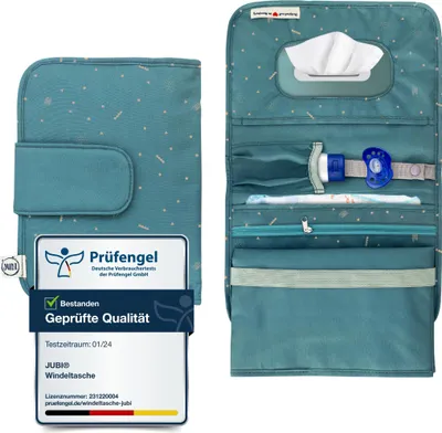 Zdjęcie produktu dla Jubi® Torba na pieluchy dla niemowląt z matą do przewijania z dodatkową przestrzenią - Mała torba na pieluchy (zielono-niebieska z zapięciem na rzep)