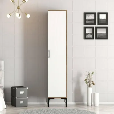 Produktbild von 1-Tür MehrzweckschrankMekbuda, Multifunktionale Möbel, Schuhschrank, Besenschrank, 40x201h48 cm, Weiß und Walnuss