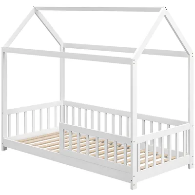 Produktbild von Kinderbettgestell in Hausform mit Lattenrost und Schutzgitter, aus Kiefernholz, 96 x 195 x 165 cm, wei?