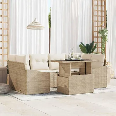 Image de Maison Exclusive - Ensemble de salon de jardin, 7 pièces, en polyrotin beige