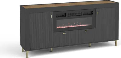 Produktbild von Minio, Kommode "ASSO 7", mit LED-Feuerstelle, blaue LED, 177 cm, Schwarze Farbe / Whisky Eiche