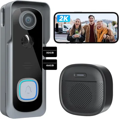 Produktbild von 2K Video-Türklingel mit Kamera Kabellos, IP66 Wasserdicht, Intelligente AI Bewegungserkennung, Nachtsicht 32&64GB