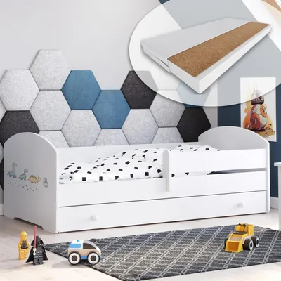 Produktbild von Kids Collective Kinderbett 70x140 / 80x160 Komplett Set inkl. Matratze, Lattenrost, Schublade & Rausfallschutz | Einzelbett für Kinder von 2 – 10 Jahren | 80x160 cm | weiß mit Dino I Motiv