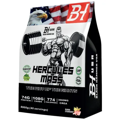 Produktbild von Hercules Mass Gainer 4 kg Banane-Erdbeere – 74 g Protein, 108 g Kohlenhydrate & Creatin– Fitness &Muskelaufbau – Premium Eiweißpulver Black Hammer USA