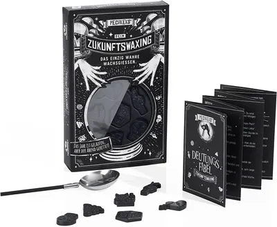 Image de Pechkeks 4401001 Set de cire à mouler pour le Nouvel An - 6 figurines de cire noire, cuillère à fondre et livret d'interprétation des moules en cire