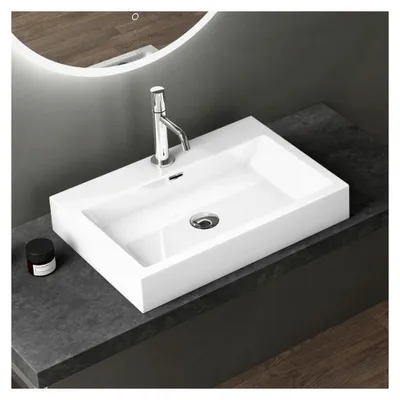 Produktbild von Waschbecken Waschtisch aus Mineralguss Aufsatzwaschbecken Hängewaschbecken 60x42x10 cm in Weiß