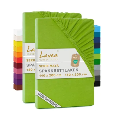 Produktbild von Lavea® 2er Pack Spannbettlaken 140/160x200 cm, Jersey Bettlaken 100% Baumwolle – Boxspringbetten, Wasserbetten, Matratzen bis 35 cm – Apfelgrün