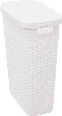 A white laundry basket with a lid, shown from a slightly angled front view.
