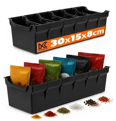 Productafbeelding van KADAX Kruidenorganizer, 30 x 15 x 8 cm, houder voor kruidenzakjes met compartimenten, opbergdoos voor kruiden voor lade en kast, keukenhulp voor kruiden en zaksoepen (zwart)