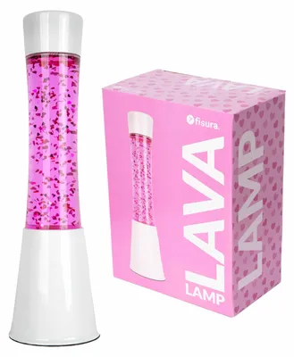 Obrázok produktu pre FISURA – Lampa s efektom lávového kameňa. Biely podstavec, ružová kvapalina a trblietavé srdiečka.
