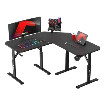 Produktbild von Huzaro Hero 7.3 Gaming Tisch Schwarz – höhenverstellbar, Eck-Design, 140x80 cm, Carbon Oberfläche, Halterungen, Kabeldurchlass, bis 100 kg