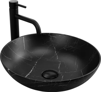 A black marble-effect vessel sink with a black faucet, shown from a slightly elevated side angle against a white background.