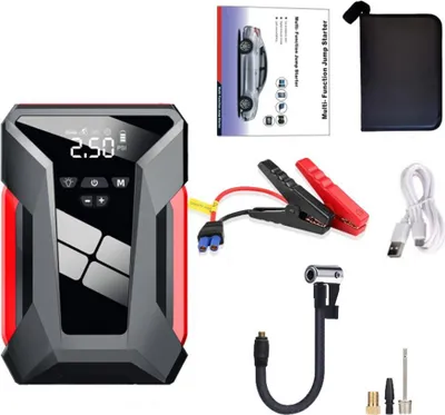 Zdjęcie produktu dla rozrusznik samochodowy 4 w 1, power bank 12V 38000 mAh z kompresorem, wskaźnikiem ciśnienia w oponach, lampką awaryjną LED i torbą do przechowywania, wyświetlacz cyfrowy