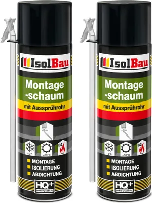 Produktbild von Isolbau 2 x 500 ml Montageschaum mit Aussprührohr - PolyurethanBauschaum für Montage, Isolierung, Abdichtung, Innen & außen