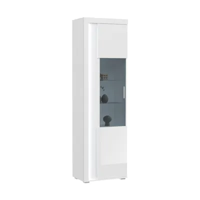 A white display cabinet with glass doors and integrated lighting.