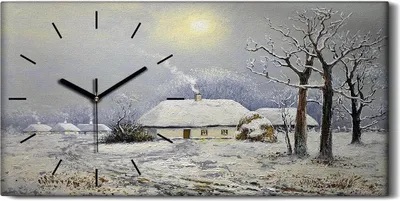 Produktbild von Küchenuhr Bürouhr Leinwand Uhr 60x30 Gemälde Winterlandschaft Hütten Bäume Kunst - schwarze Hände