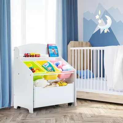 Produktbild von GOPLUS Kinderregal mit großem Stauraum, 1 Offene Ablage & 3 Boxen & Kisten auf Rollen, Spiegelzeug aus Holz+Kunststoff, Aufbewahrungsregal für Kinderzimmer, Kindergarten, Spielzimmer (Weiß)