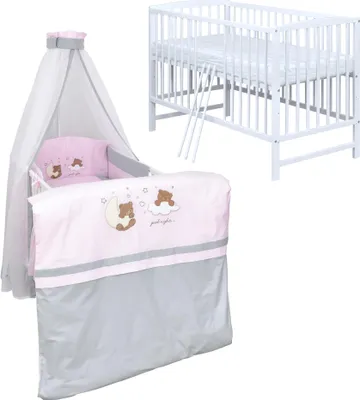 Produktbild von Baby-Delux Babybett Kinderbett Gitterbett Milo Weiß 120x60 Komplett Bettset 10-tlg mit Stickerei Traumland Rosa