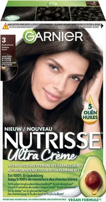 Imagen del producto de Garnier – Nutrisse Ultra Cream 3 – Tinte para el cabello – Castaña oscura – Cuidado intensivo – Coloración permanente - 1 unidad