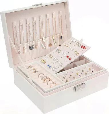 Produktbild von Schmuckkästchen für Frauen und Mädchen, 2-lagiges Schmuckkästchen, abschließbare Schmuckaufbewahrung mit Schlüssel, wasserdichtes Schmuckkästchen aus Leder, Schmuckkästchen zur Aufbewahrung von Ringen/Halsketten/Uhren