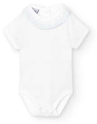 Productafbeelding van BABIDU kortärmig babyromper van 100% katoen met kragen en kant. Babyromper