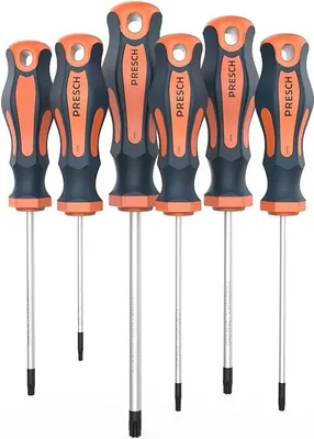 Produktbild von Unyqoos® 6‑teiliges Torx (TX) T‑Griff Schraubendreher-Set, magnetisch, lang, ergonomischer 2‑Komponenten-Griff, gehärtete Spitzen, Sechskant-Abrollschutz