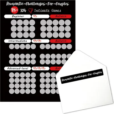 A scratch-off poster with romantic challenges for couples, partially covered by a white envelope with a label.
