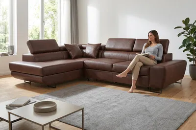 Produktbild von Ecksofa SAVIO Boston links – mit Schlaffunktion, Kunstleder in Braun, Family Meble, KI-generiertes Bild