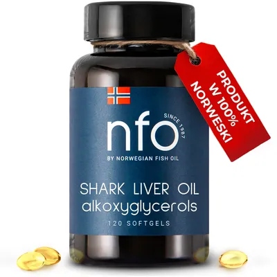 Zdjęcie produktu dla NFO Shark Liver Oil – 500 mg kapsułki z alkoksyglicerolami dla odporności i zdrowia skóry [120 kapsułki softgel]