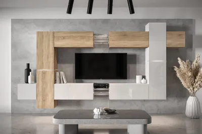 Produktbild von Furnitech Wohnwand Wohnzimmer - Wohnzimmer Möbel mit LED Weiß - Wohnzimmer Schrankwand(AN91NEW-21SW-HGM25)