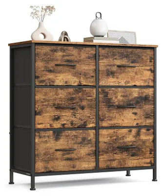 Immagine prodotto di Comodino con 6 cassetti rivestiti in tessuto | Finitura marrone vintage nera | 76,7 x 30 x 73,7 cm