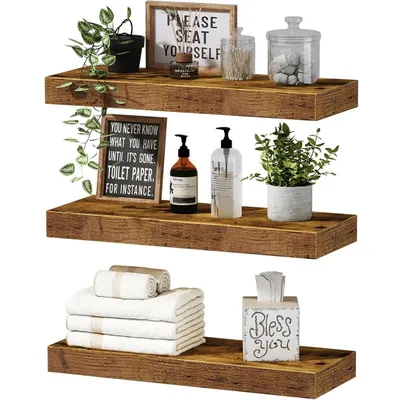 Image de IvoQ Étagères Murales Flottantes Lot de 3 - 40x17 cm - Bois - Rustique & Industriel - Étagère Murale Marron