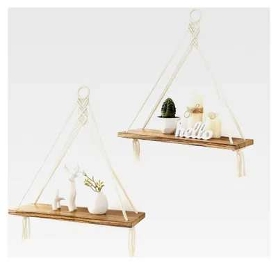 Produktbild von Makramee Wandregal aus Holz im Boho-Stil, 2er Set