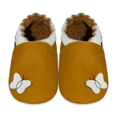 Produktbild von MEJALE® Baby Krabbelschuhe aus Echtleder, weiche Lauflernschuhe für Mädchen&Jungen, rutschfeste Ledersohle,Gelb,Schmetterlings, Größe L (12–18 Monate)