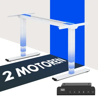 A white electric standing desk frame with blue accents and a black control panel, set against a light gray and blue background. Text overlays highlight features.