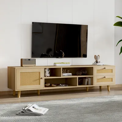 Immagine prodotto di Mobile TV Okwish, mobile TV 160 cm per TV 70 pollici, 2 cassetti e 1 anta per soggiorno, colore legno, rattan pregiato