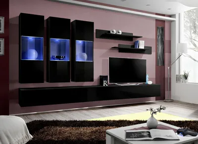 Produktbild von Set 7 tlg Wohnwand Holzmöbel 2x TV Ständer Moderne Wand Regale Schwarz