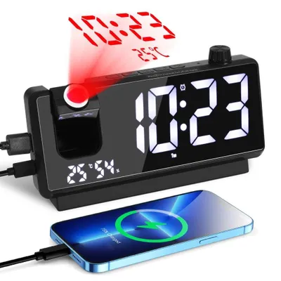 Produktbild von Projektionswecker, Projektionsuhr, Digitaler Wecker, Wecker mit Projektion, mit Temperatur Luftfeuchtigkeit, Dual-Wecker, Schlummerfunktion