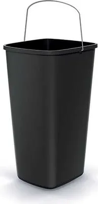 A black trash can with a metal handle is shown against a white background.