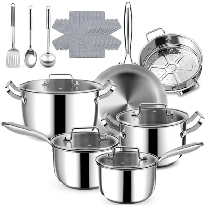 Immagine prodotto di Set di pentole in acciaio inossidabile, 20 pezzi, con coperchi: padella da 30 cm, pentole con coperchio da 22/26 cm, casseruole con manico da 18/20 cm, cestello per la cottura a vapore, adatto a tutti i tipi di fornello, colore argento