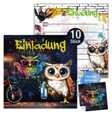 Produktbild von Einladungskarten Kindergeburtstag Mädchen & Jungen – Graffiti Eulen Design XXL 15 x 15 cm | mit Stickern | Geburtstagseinladungen für Teenager & Kinder