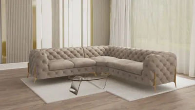 Produktbild von S-STYLE MÖBEL - Chesterfield Ecksofa Nova mit Goldene Metall Füßen aus Dunkle Creme Samtstoff, B/T/H: 264 cm/ 264 cm/ 75 cm