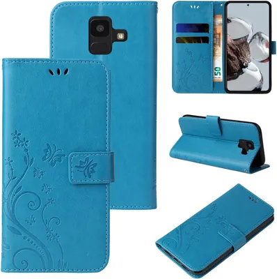 A collage of images showing a blue flip phone case with a floral and butterfly design from multiple angles.